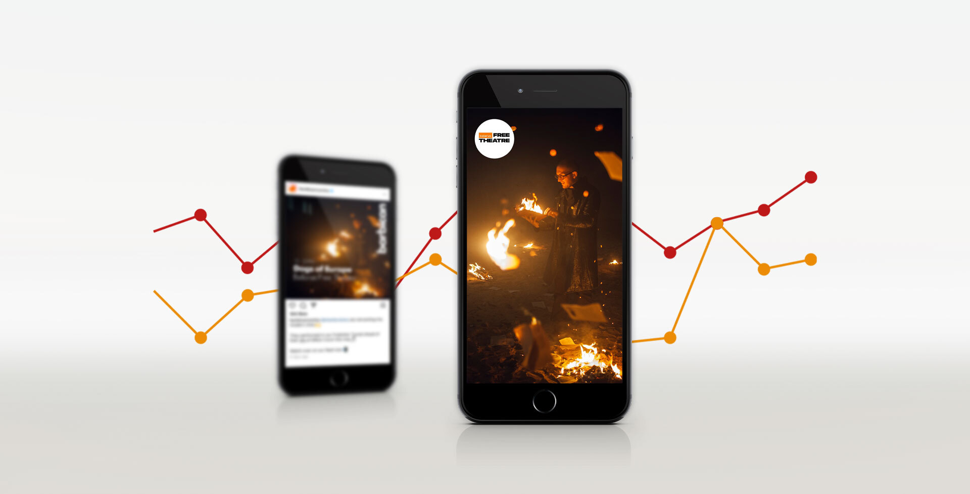 Two mobile phones with BFT images, infront of red and orange graph lines