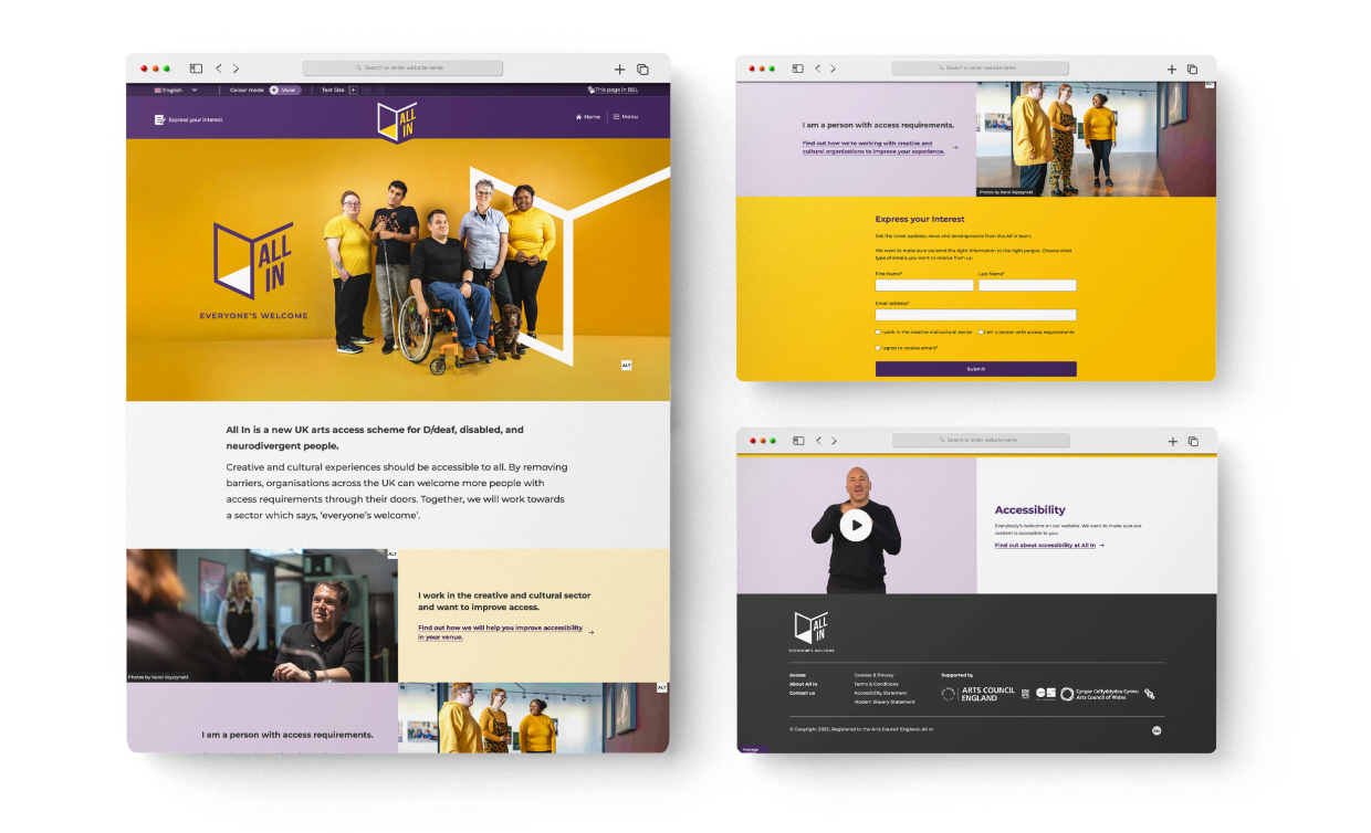 Four pages of the All In website