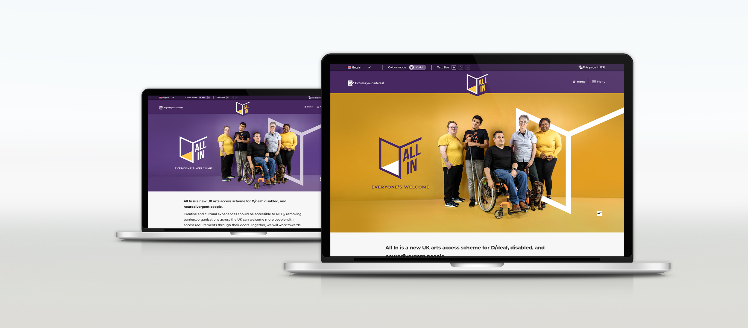 Two laptops with the All In website