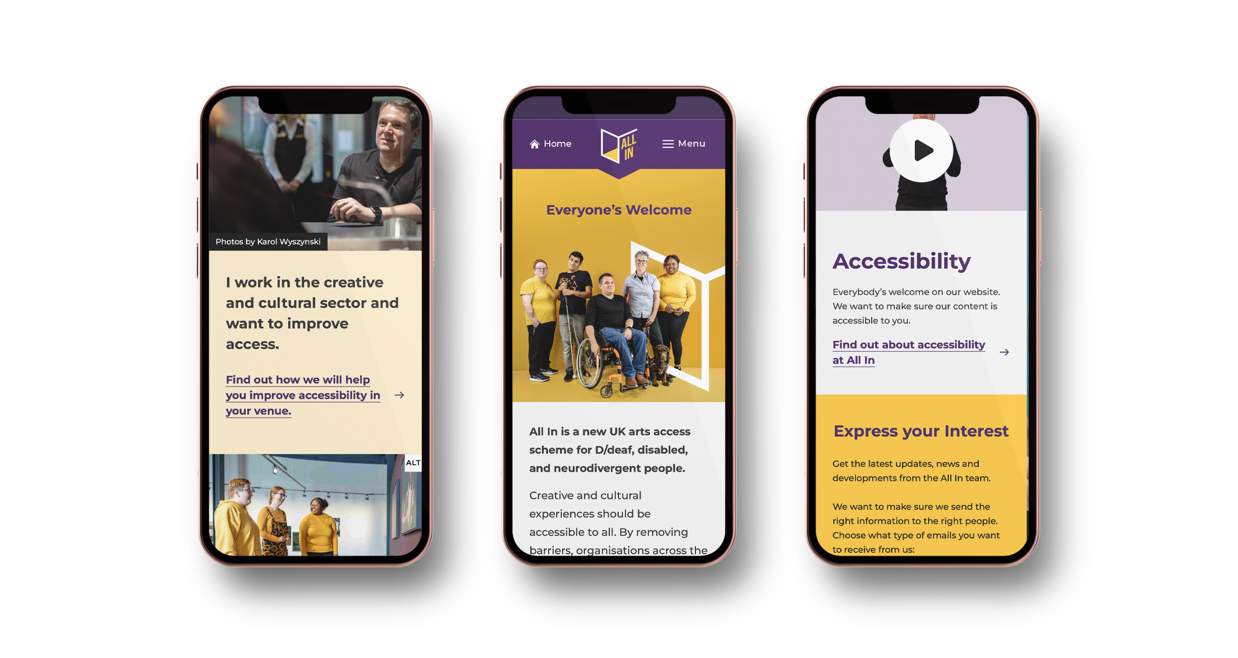 Three phones side by side, showing the All In website