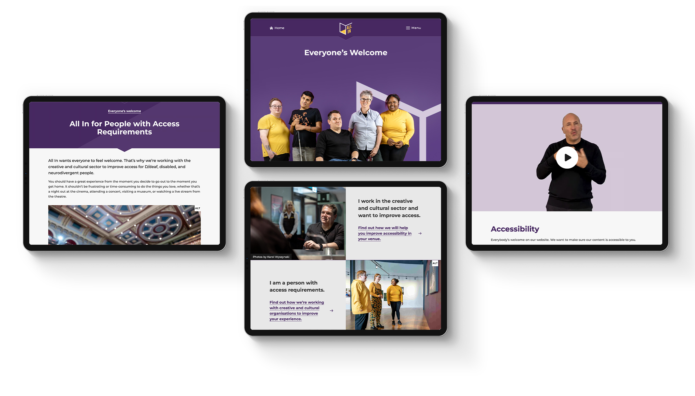 Four tablets showing various All In website pages