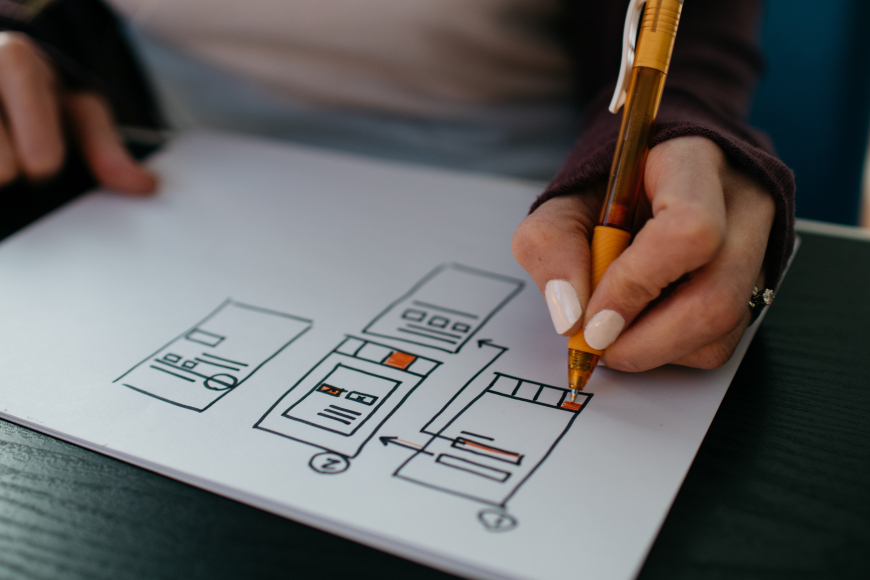 Close-up image of a person drawing a flowchart on paper.